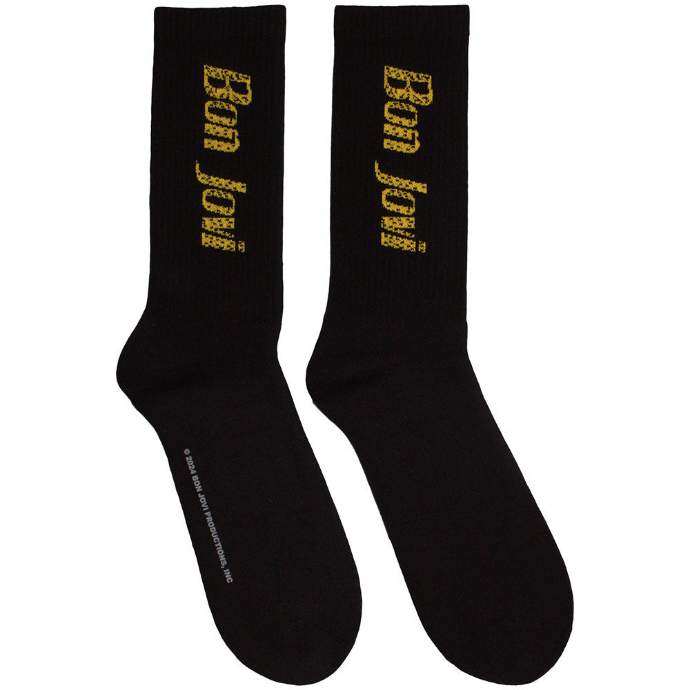 BON JOVI - UNISEX TERRY SOCKS: YELLOW LOGO (BLACK) (UK SIZE 7-11)